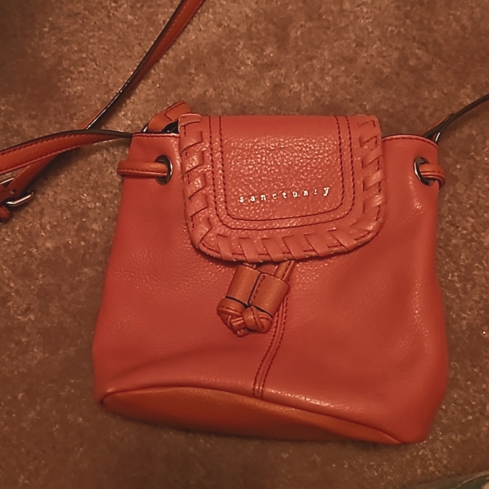 Dark coral, leather crossbody drawstring bag
